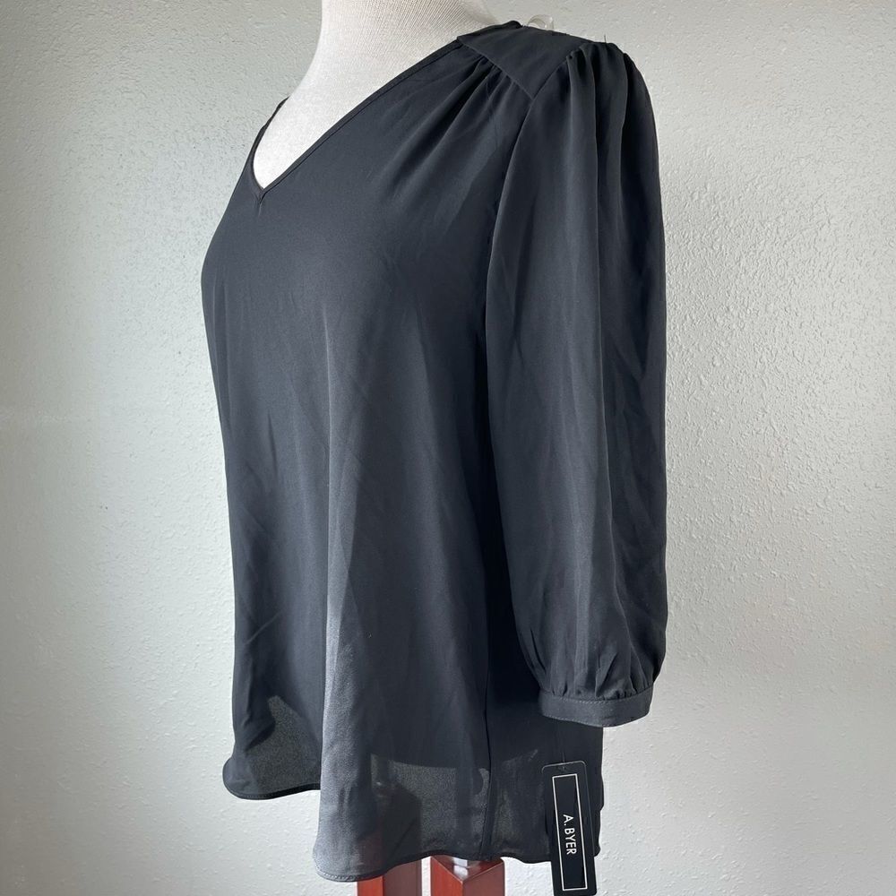 NWT A. Byer Black V Neck Blouse Top Size L